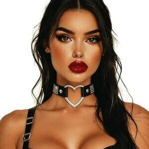 Leather Choker Rhinestone Necklace Black Goth Crystal Collar Gothic w Heart